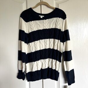 Charter Club cable knit navy blue ivory striped round neck sweater button Large